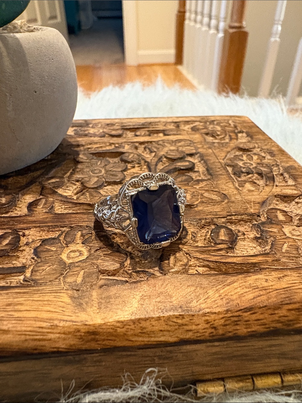 Sterling Silver Filigree Cocktail Ring with a Deep Blue Stone